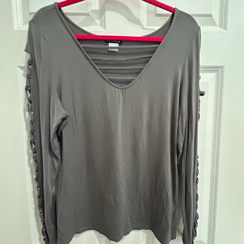 VENUS Gray Long Sleeve Top with Lace-Up Detail